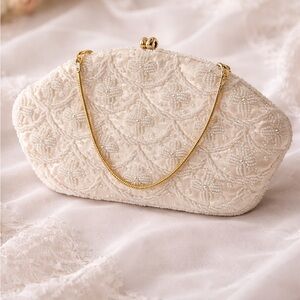 Vintage Beaded Clutch Ivory Satin Kiss Lock Evening Bag Goldco Hong Kong